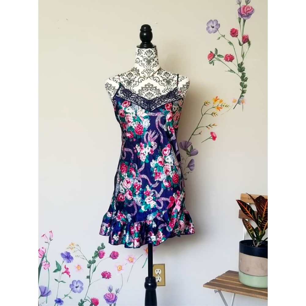 Vintage, navy blue floral, size medium slip dress